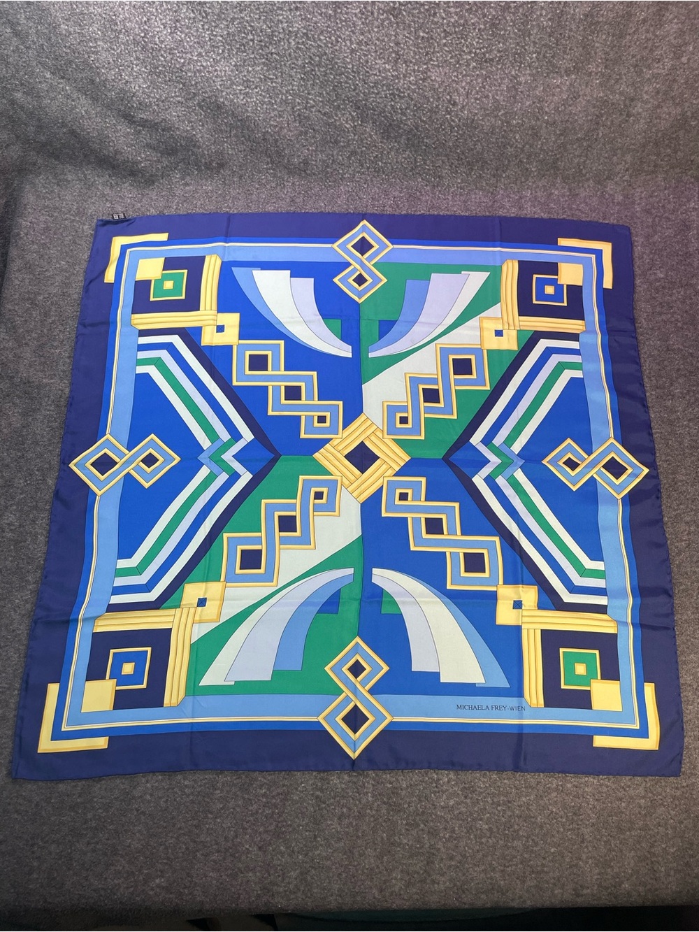 MICHAELA FREY WIEN Silk Twill Scarf Hand-Rolled Hems Geometric Blue Green